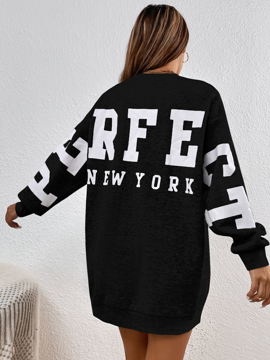 SHEIN EZwear Letter Graphic Drop Shoulder Sweatshirt Dress - Black - View 1