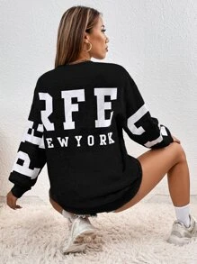 SHEIN EZwear Letter Graphic Drop Shoulder Sweatshirt Dress - Black - View 5