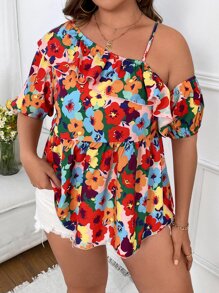 SHEIN Holidaya Blusa peplum con estampado floral de cuello asimétrico ribete con fruncido - Multicolor - Ver 2