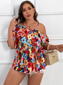 SHEIN Holidaya Blusa peplum con estampado floral de cuello asimétrico ribete con fruncido - Multicolor - Ver 5