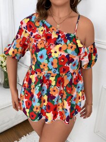 SHEIN Holidaya Blusa peplum con estampado floral de cuello asimétrico ribete con fruncido - Multicolor - Ver 6