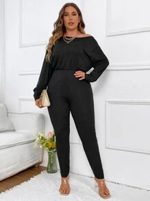 SHEIN LUNE Plus Asymmetrical Neck Batwing Sleeve Jumpsuit - Black - View 3