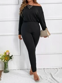 SHEIN LUNE Plus Asymmetrical Neck Batwing Sleeve Jumpsuit - Black - View 4