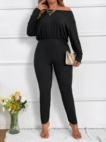 SHEIN LUNE Plus Asymmetrical Neck Batwing Sleeve Jumpsuit - Black - View 6