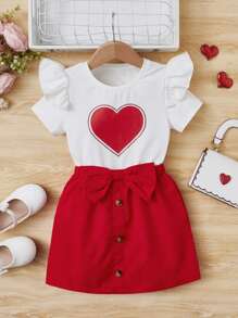 SHEIN Young Girl Heart Print Ruffle Trim Tee & Bow Front Skirt - Red and White - View 1