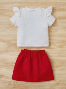 SHEIN Young Girl Heart Print Ruffle Trim Tee & Bow Front Skirt - Red and White - View 2