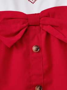 SHEIN Young Girl Heart Print Ruffle Trim Tee & Bow Front Skirt - Red and White - View 3