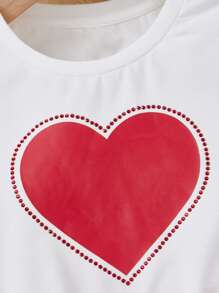 SHEIN Young Girl Heart Print Ruffle Trim Tee & Bow Front Skirt - Red and White - View 4