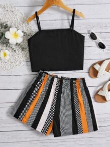 SHEIN 青少年女孩吊帶上衣和條紋圖案和波卡圓點短褲
