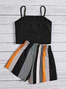 SHEIN 青少年女孩吊帶上衣和條紋圖案和波卡圓點短褲