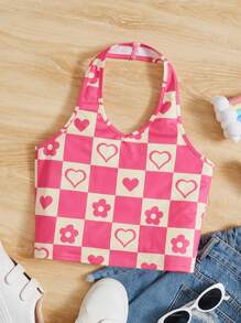SHEIN Teen Girls Checker & Heart Print Halter Top - Multicolor - View 1
