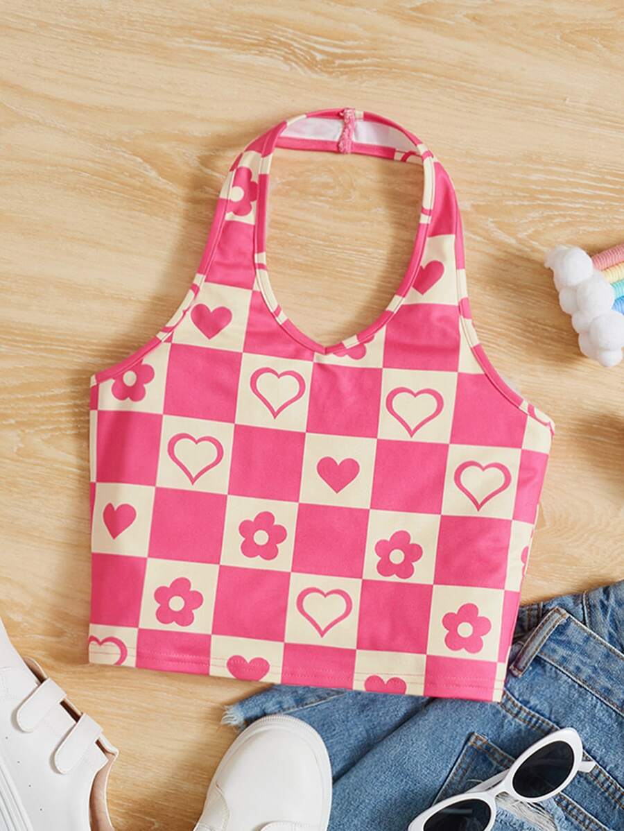 SHEIN Teen Girls Checker & Heart Print Halter Top - Multicolor - View 1