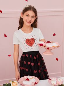 SHEIN Girls 1pc Heart Print Tee - White - View 1