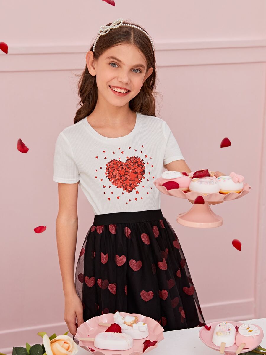 SHEIN Girls 1pc Heart Print Tee - White - View 1