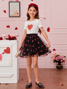 SHEIN Girls 1pc Heart Print Tee - White - View 3