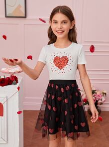 SHEIN Girls 1pc Heart Print Tee - White - View 6
