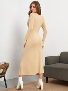 BizChic Asymmetrical Neck Ruched Dress - Apricot - View 2