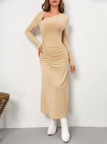 BizChic Asymmetrical Neck Ruched Dress - Apricot - View 1