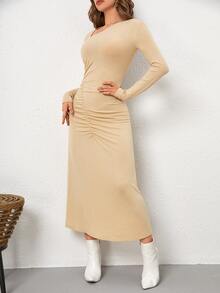 BizChic Asymmetrical Neck Ruched Dress - Apricot - View 3
