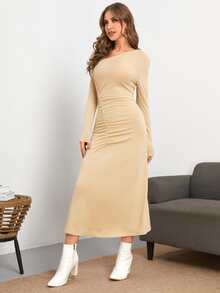 BizChic Asymmetrical Neck Ruched Dress - Apricot - View 5