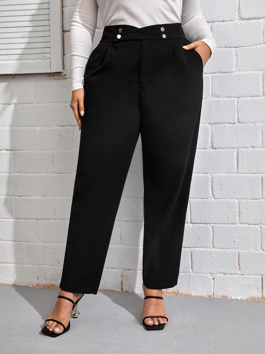 SHEIN LUNE Pantalones de cintura asimétrica con fruncido - Negro - Ver 1