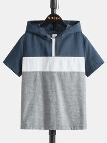 SHEIN Boys Colour Block Quarter Zip Hooded Shirt - Multicolor - View 1