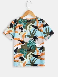 SHEIN Boys Dinosaur & Tropical Print Tee - Multicolor - View 4