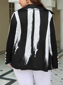 SHEIN Clasi Plus Brush Stroke Print Single Breasted Blazer - Black and White - View 2