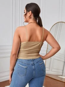 SHEIN Privé 大碼垂領褶邊吊帶上衣 - 卡其色 - 查看 2