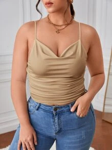 SHEIN Privé 大碼垂領褶邊吊帶上衣 - 卡其色 - 查看 3