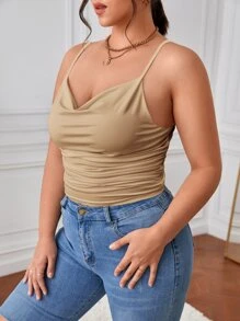 SHEIN Privé 大碼垂領褶邊吊帶上衣 - 卡其色 - 查看 4