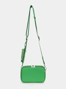 迷你日系風格2入組防水PU皮革斜背包、單肩包、方形包、小錢包、硬殼、高容量、簡約多功能購物袋，適用於男女，是男友的禮物選擇 - 綠色 - 查看 2