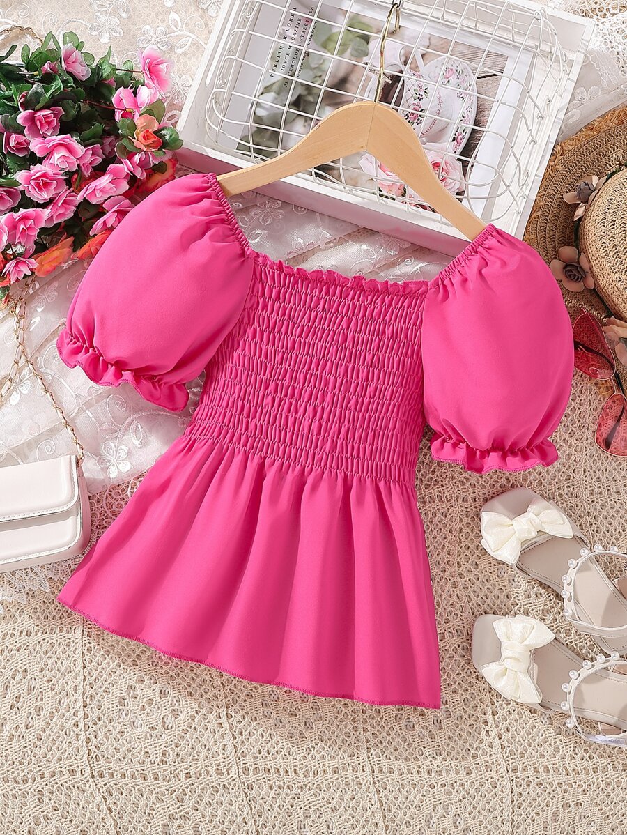 Girls Puff Sleeve Peplum Blouse - Hot Pink - View 1