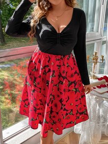 SHEIN Holidaya Vestido con estampado floral pecho con fruncido - Multicolor - Ver 5