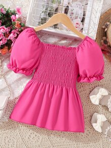 Girls Puff Sleeve Peplum Blouse - Hot Pink - View 2