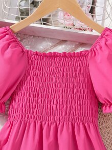 Girls Puff Sleeve Peplum Blouse - Hot Pink - View 3