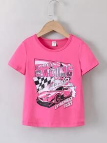 SHEIN Cô Gái Trẻ Hoa hồng Đỏ  In xe hơi và chữ cái Giải trí Đơn giản Mát mẻ Áo thun Cho mùa hè - Màu Hồng Tươi - Xem 1