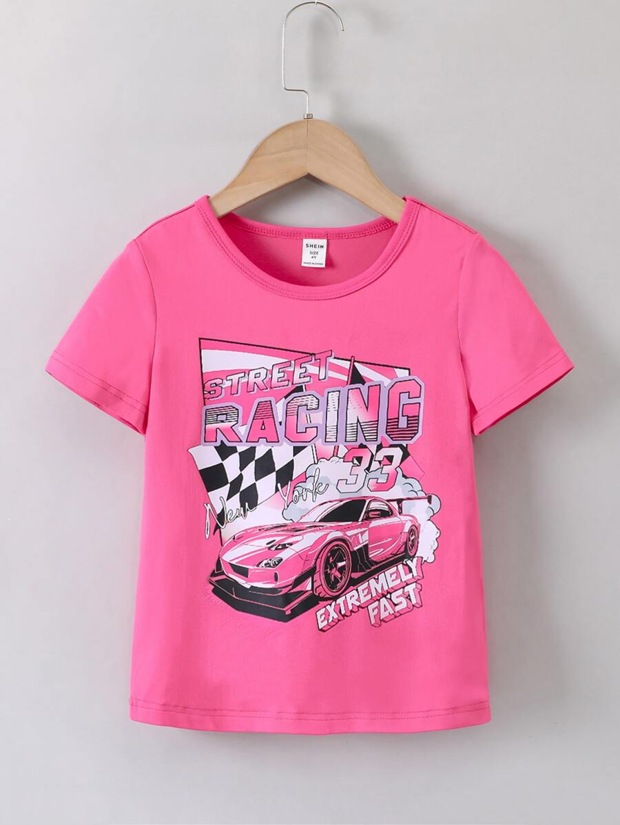 SHEIN Cô Gái Trẻ Hoa hồng Đỏ  In xe hơi và chữ cái Giải trí Đơn giản Mát mẻ Áo thun Cho mùa hè - Màu Hồng Tươi - Xem 1