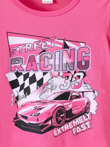 SHEIN Cô Gái Trẻ Hoa hồng Đỏ  In xe hơi và chữ cái Giải trí Đơn giản Mát mẻ Áo thun Cho mùa hè - Màu Hồng Tươi - Xem 3