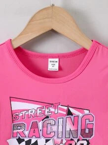 SHEIN Cô Gái Trẻ Hoa hồng Đỏ  In xe hơi và chữ cái Giải trí Đơn giản Mát mẻ Áo thun Cho mùa hè - Màu Hồng Tươi - Xem 5