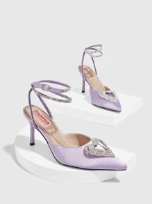 CUCCOO SZL Tacones con diseño de diamante de imitación de satén de punta con tacón delgado tira tobillera - Morado - Ver 5