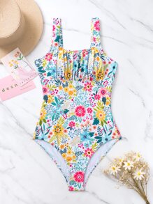 Swim Mod Summer Beach Floral Print Ruched Bust One Piece Swimsuit - Multicolor - View 6