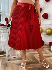 Celure Plus Pleated Belted Skirt - Red - View 8