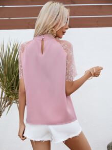 SHEIN LUNE Contrast Lace Keyhole Neckline Blouse - Pink - View 3