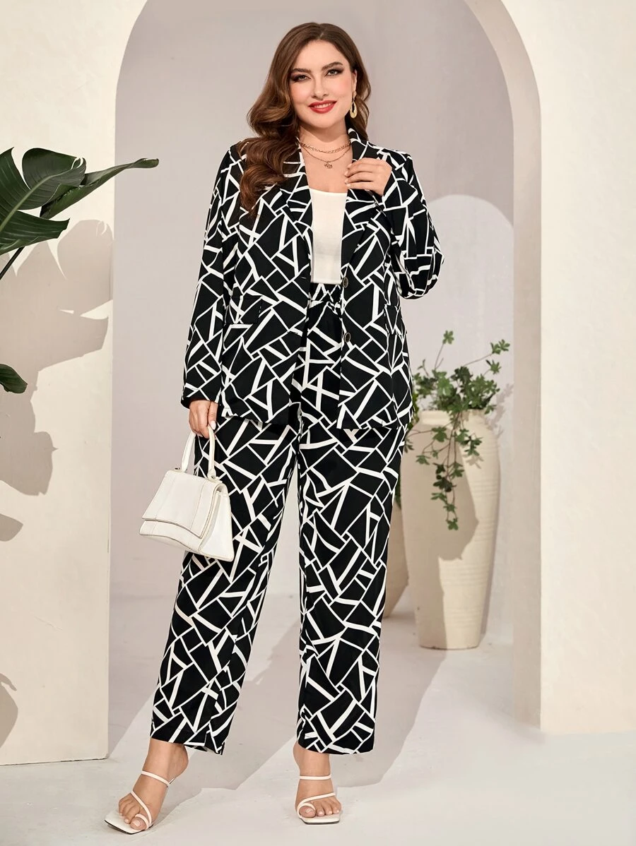 Modelyn Plus Geo Print Lapel Collar Blazer & Trousers - Black and White - View 1