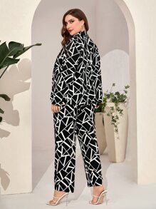 Modelyn Plus Geo Print Lapel Collar Blazer & Trousers - Black and White - View 2