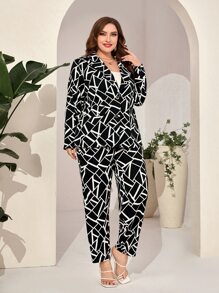 Modelyn Plus Geo Print Lapel Collar Blazer & Trousers - Black and White - View 3