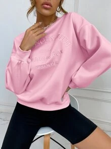 SHEIN Unity 落肩袖字母刺繡套頭衫 - 粉色 - 查看 3