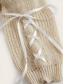 ROMWE Kawaii Himekaji Cable Knit Lace Up Cold Shoulder Sweater, School - Apricot - View 4