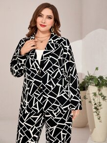 Modelyn Plus Geo Print Lapel Collar Blazer & Trousers - Black and White - View 5
